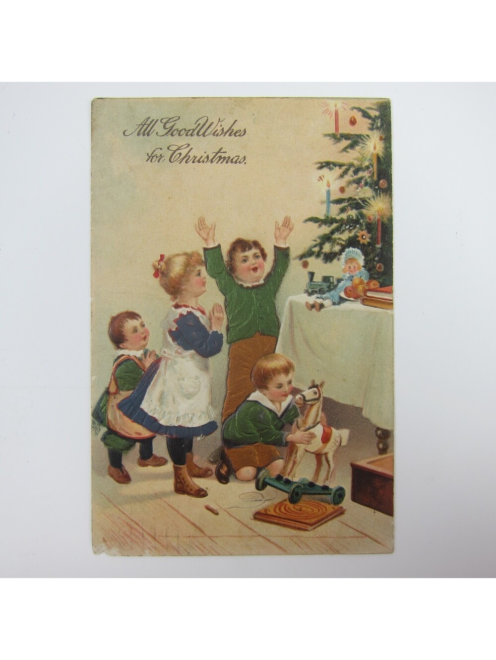 Christmas Postcard Boys & Girls Play With Toys Tree Candle Embossed Antique 1911